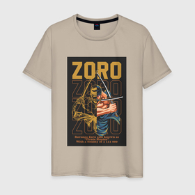 Мужская футболка хлопок с принтом One piece Зоро Pirate Hunter в Петрозаводске, 100% хлопок | прямой крой, круглый вырез горловины, длина до линии бедер, слегка спущенное плечо. | 