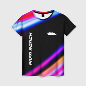 Женская футболка 3D с принтом Papa Roach neon rock lights в Кировске, 100% полиэфир ( синтетическое хлопкоподобное полотно) | прямой крой, круглый вырез горловины, длина до линии бедер | 
