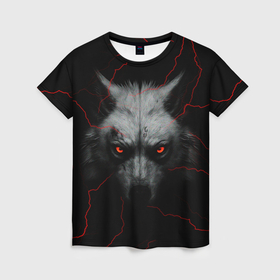 Женская футболка 3D с принтом Волк и молний в Белгороде, 100% полиэфир ( синтетическое хлопкоподобное полотно) | прямой крой, круглый вырез горловины, длина до линии бедер | 