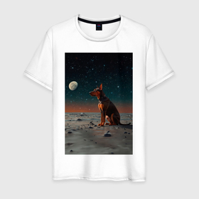 Мужская футболка хлопок с принтом Доберман на луне в Петрозаводске, 100% хлопок | прямой крой, круглый вырез горловины, длина до линии бедер, слегка спущенное плечо. | 