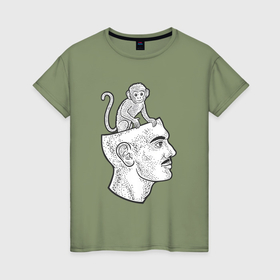 Женская футболка хлопок с принтом Мартышка в голове , 100% хлопок | прямой крой, круглый вырез горловины, длина до линии бедер, слегка спущенное плечо | 