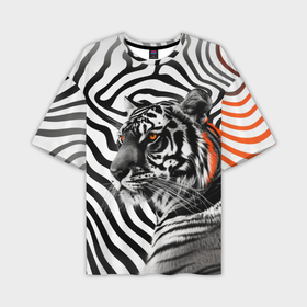 Мужская футболка oversize 3D с принтом Тигр и абстракция   оранжевый акцент в Петрозаводске,  |  | 