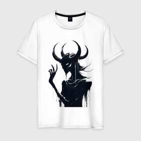 Мужская футболка хлопок с принтом Задумчивый демон в Курске, 100% хлопок | прямой крой, круглый вырез горловины, длина до линии бедер, слегка спущенное плечо. | 