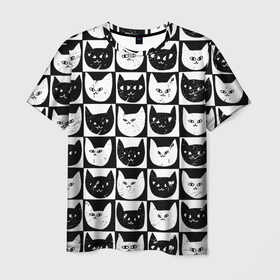 Мужская футболка 3D с принтом Черно белые котики в Тюмени, 100% полиэфир | прямой крой, круглый вырез горловины, длина до линии бедер | 