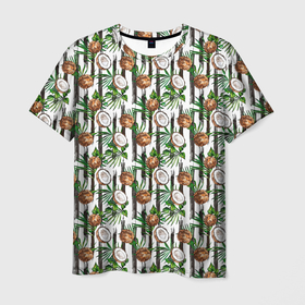 Мужская футболка 3D с принтом Тропический узор с кокосами на полосатом фоне в Новосибирске, 100% полиэфир | прямой крой, круглый вырез горловины, длина до линии бедер | 