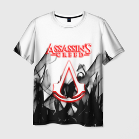 Мужская футболка 3D с принтом Assassins Creed огненное лого гейм в Санкт-Петербурге, 100% полиэфир | прямой крой, круглый вырез горловины, длина до линии бедер | Тематика изображения на принте: 