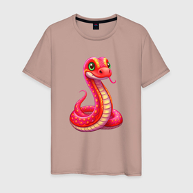 Мужская футболка хлопок с принтом Красная милая змейка , 100% хлопок | прямой крой, круглый вырез горловины, длина до линии бедер, слегка спущенное плечо. | Тематика изображения на принте: 