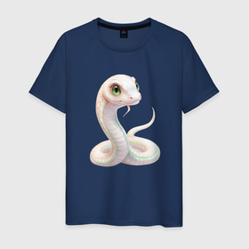 Мужская футболка хлопок с принтом Милая белая забавная змейка , 100% хлопок | прямой крой, круглый вырез горловины, длина до линии бедер, слегка спущенное плечо. | 