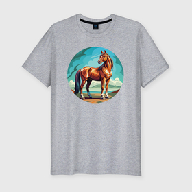 Мужская футболка хлопок Slim с принтом Лошадь в степи в Новосибирске, 92% хлопок, 8% лайкра | приталенный силуэт, круглый вырез ворота, длина до линии бедра, короткий рукав | Тематика изображения на принте: 