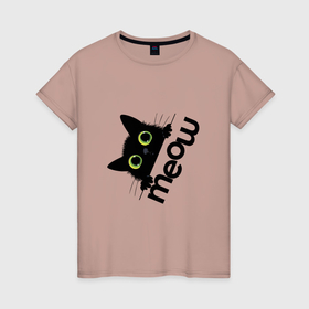 Женская футболка хлопок с принтом Черный кот с большими зелеными глазами выглядывает   black cat в Новосибирске, 100% хлопок | прямой крой, круглый вырез горловины, длина до линии бедер, слегка спущенное плечо | 