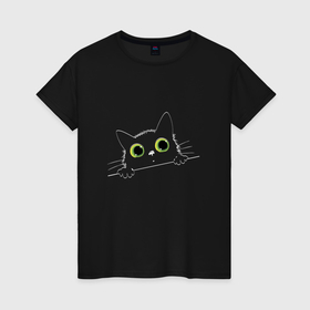 Женская футболка хлопок с принтом Силуэт кота с большими зелеными глазами выглядывает   cat silhouette в Новосибирске, 100% хлопок | прямой крой, круглый вырез горловины, длина до линии бедер, слегка спущенное плечо | 