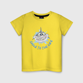 Детская футболка хлопок с принтом Улыбающаяся акула   улыбайся жизни   smile to the life в Кировске, 100% хлопок | круглый вырез горловины, полуприлегающий силуэт, длина до линии бедер | 