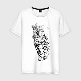 Мужская футболка хлопок с принтом Леопард   Африка хищник дикая большая кошка в Петрозаводске, 100% хлопок | прямой крой, круглый вырез горловины, длина до линии бедер, слегка спущенное плечо. | Тематика изображения на принте: 