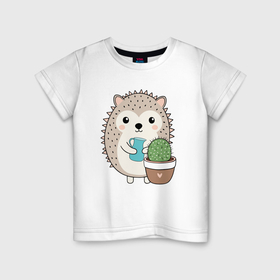 Детская футболка хлопок с принтом Милый ежик и кактус в Петрозаводске, 100% хлопок | круглый вырез горловины, полуприлегающий силуэт, длина до линии бедер | 