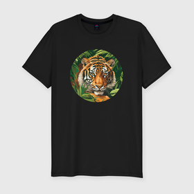 Мужская футболка хлопок Slim с принтом Портрет тигра в джунглях в Курске, 92% хлопок, 8% лайкра | приталенный силуэт, круглый вырез ворота, длина до линии бедра, короткий рукав | 