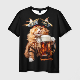 Мужская футболка 3D с принтом Кот пират с кружкой пива в Екатеринбурге, 100% полиэфир | прямой крой, круглый вырез горловины, длина до линии бедер | 
