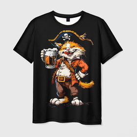 Мужская футболка 3D с принтом Весёлый кот пират с пивом в Кировске, 100% полиэфир | прямой крой, круглый вырез горловины, длина до линии бедер | Тематика изображения на принте: 