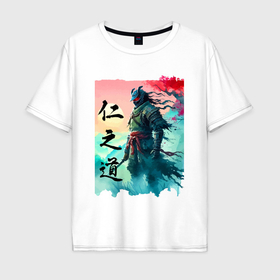 Мужская футболка хлопок Oversize с принтом Japanese samurai   ghost of Tsushima sketch в Екатеринбурге, 100% хлопок | свободный крой, круглый ворот, “спинка” длиннее передней части | 