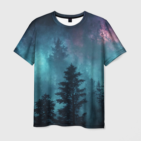 Мужская футболка 3D с принтом Ночное небо над лесом в Санкт-Петербурге, 100% полиэфир | прямой крой, круглый вырез горловины, длина до линии бедер | 