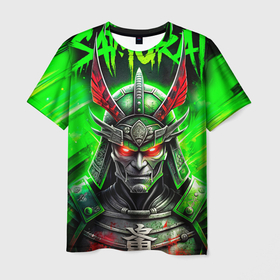Мужская футболка 3D с принтом Samurai green eyes glow в Белгороде, 100% полиэфир | прямой крой, круглый вырез горловины, длина до линии бедер | 