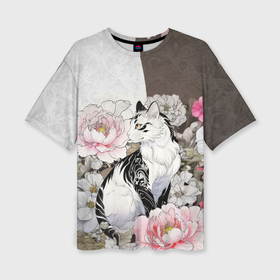 Женская футболка oversize 3D с принтом Волшебный котик в цветах в Петрозаводске,  |  | Тематика изображения на принте: 