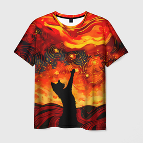 Мужская футболка 3D с принтом Кот ловит звезды на огненном небе в Тюмени, 100% полиэфир | прямой крой, круглый вырез горловины, длина до линии бедер | 