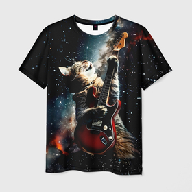 Мужская футболка 3D с принтом Космический кот играет на гитаре в Тюмени, 100% полиэфир | прямой крой, круглый вырез горловины, длина до линии бедер | 