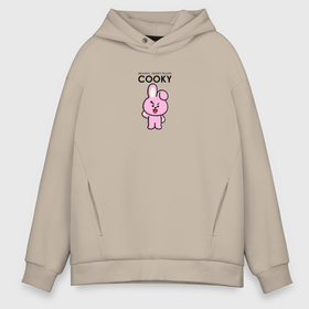 Мужское худи Oversize хлопок с принтом BT21 Cooky маскот в Петрозаводске, френч-терри — 70% хлопок, 30% полиэстер. Мягкий теплый начес внутри —100% хлопок | боковые карманы, эластичные манжеты и нижняя кромка, капюшон на магнитной кнопке | 