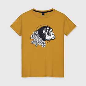 Женская футболка хлопок с принтом Мартышка и цветы , 100% хлопок | прямой крой, круглый вырез горловины, длина до линии бедер, слегка спущенное плечо | 