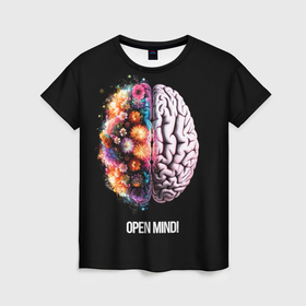 Женская футболка 3D с принтом Открой разум: мозг с цветами   Open mind в городе Новоалтайск, 100% полиэфир ( синтетическое хлопкоподобное полотно) | прямой крой, круглый вырез горловины, длина до линии бедер | 