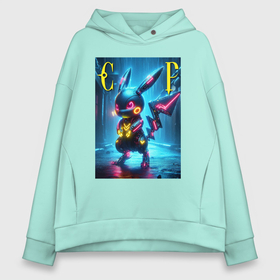 Женское худи Oversize хлопок с принтом Cyber Pikachu   neon glow ai art в Новосибирске, френч-терри — 70% хлопок, 30% полиэстер. Мягкий теплый начес внутри —100% хлопок | боковые карманы, эластичные манжеты и нижняя кромка, капюшон на магнитной кнопке | 