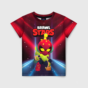 Детская футболка 3D с принтом Brawl Stars скин клубничная Лили в городе Новоалтайск, 100% гипоаллергенный полиэфир | прямой крой, круглый вырез горловины, длина до линии бедер, чуть спущенное плечо, ткань немного тянется | 
