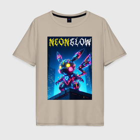 Мужская футболка хлопок Oversize с принтом Neon glow   cyber Pikachu в Тюмени, 100% хлопок | свободный крой, круглый ворот, “спинка” длиннее передней части | 