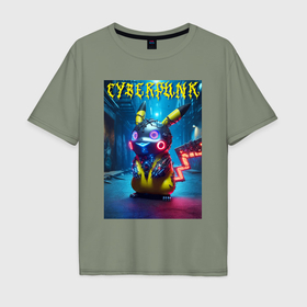 Мужская футболка хлопок Oversize с принтом Cyberpunk   cool Pikachu neon glow в Тюмени, 100% хлопок | свободный крой, круглый ворот, “спинка” длиннее передней части | 