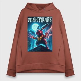 Женское худи Oversize хлопок с принтом Nightmare   terrible Pikachu neon glow в Кировске, френч-терри — 70% хлопок, 30% полиэстер. Мягкий теплый начес внутри —100% хлопок | боковые карманы, эластичные манжеты и нижняя кромка, капюшон на магнитной кнопке | 