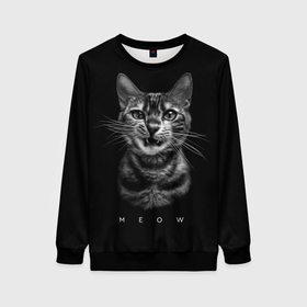 Женский свитшот 3D с принтом Cat meow black and white   big picture в Рязани, 100% полиэстер с мягким внутренним слоем | круглый вырез горловины, мягкая резинка на манжетах и поясе, свободная посадка по фигуре | 