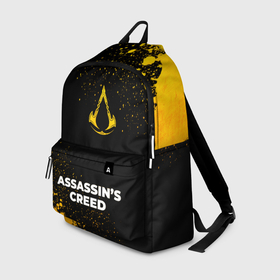 Рюкзак 3D с принтом Assassins Creed   gold gradient по центру в Тюмени, 100% полиэстер | лямки с регулируемой длиной, сверху петелька, чтобы рюкзак можно было повесить на вешалку. Основное отделение закрывается на молнию, как и внешний карман. Внутри два дополнительных кармана, один из которых закрывается на молнию. По бокам два дополнительных кармашка | 