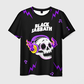 Мужская футболка 3D с принтом Black Sabbath неоновый череп в Курске, 100% полиэфир | прямой крой, круглый вырез горловины, длина до линии бедер | Тематика изображения на принте: 