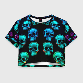 Женская футболка Crop-top 3D с принтом Neon skulls   ai art pattern в Курске, 100% полиэстер | круглая горловина, длина футболки до линии талии, рукава с отворотами | 