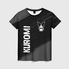Женская футболка 3D с принтом Kuromi glitch на темном фоне вертикально в городе Новоалтайск, 100% полиэфир ( синтетическое хлопкоподобное полотно) | прямой крой, круглый вырез горловины, длина до линии бедер | 