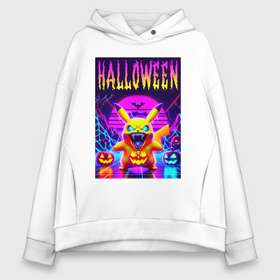 Женское худи Oversize хлопок с принтом Pikachu   halloween vaporwave в Белгороде, френч-терри — 70% хлопок, 30% полиэстер. Мягкий теплый начес внутри —100% хлопок | боковые карманы, эластичные манжеты и нижняя кромка, капюшон на магнитной кнопке | Тематика изображения на принте: 