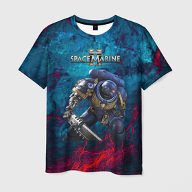 Мужская футболка 3D с принтом Warhammer 40000 space marine  2 ультрамарин в городе Новоалтайск, 100% полиэфир | прямой крой, круглый вырез горловины, длина до линии бедер | 