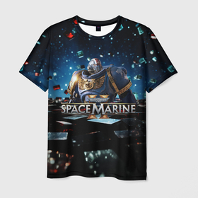 Мужская футболка 3D с принтом Warhammer 40000 space marine 2 ультрамарин  в броне в городе Новоалтайск, 100% полиэфир | прямой крой, круглый вырез горловины, длина до линии бедер | 