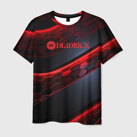 Мужская футболка 3D с принтом Deadlock logo красные соты и неон в Ухте, 100% полиэфир | прямой крой, круглый вырез горловины, длина до линии бедер | Тематика изображения на принте: 