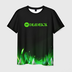 Мужская футболка 3D с принтом Deadlock logo зеленый огонь в городе Новоалтайск, 100% полиэфир | прямой крой, круглый вырез горловины, длина до линии бедер | 