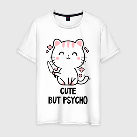 Мужская футболка хлопок с принтом Cute but psycho   cat в Рязани, 100% хлопок | прямой крой, круглый вырез горловины, длина до линии бедер, слегка спущенное плечо. | 