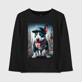 Детский лонгслив хлопок с принтом Funny bull terrier in New York   ai art в Петрозаводске, 100% хлопок | круглый вырез горловины, полуприлегающий силуэт, длина до линии бедер | Тематика изображения на принте: 