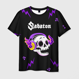 Мужская футболка 3D с принтом Sabaton неоновый череп в городе Новоалтайск, 100% полиэфир | прямой крой, круглый вырез горловины, длина до линии бедер | 