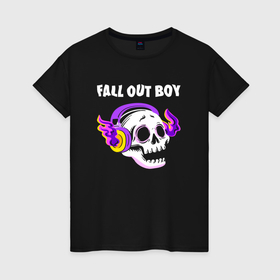 Женская футболка хлопок с принтом Fall Out Boy   неоновый череп в городе Новоалтайск, 100% хлопок | прямой крой, круглый вырез горловины, длина до линии бедер, слегка спущенное плечо | 