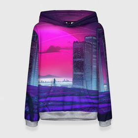 Женская толстовка 3D с принтом Synthwave неоновый город в Ухте, 100% полиэстер  | двухслойный капюшон со шнурком для регулировки, мягкие манжеты на рукавах и по низу толстовки, спереди карман-кенгуру с мягким внутренним слоем. | 